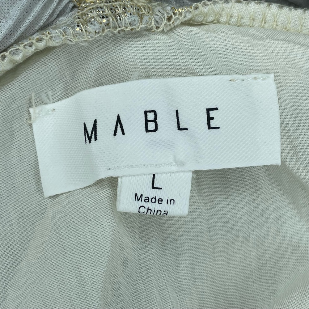 Mable Gold Plunge Neck Flowy Pleated Cocktail Dress Balloon Long Sleeve Mini L - Picture 9 of 13